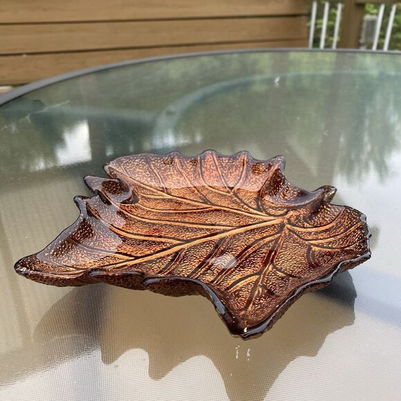 SUGAR MAPLE LEAF PLATE GLASS AMBER GLOW CHEESE CANDY SERVE DISH Sparkling - Picture 5 of 11